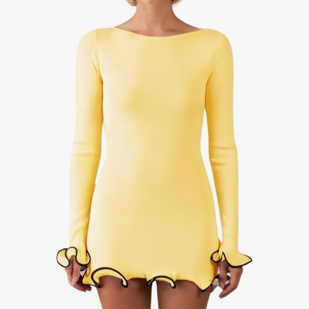 Elegant Long Sleeve Yellow Dress with Black Trim Size M